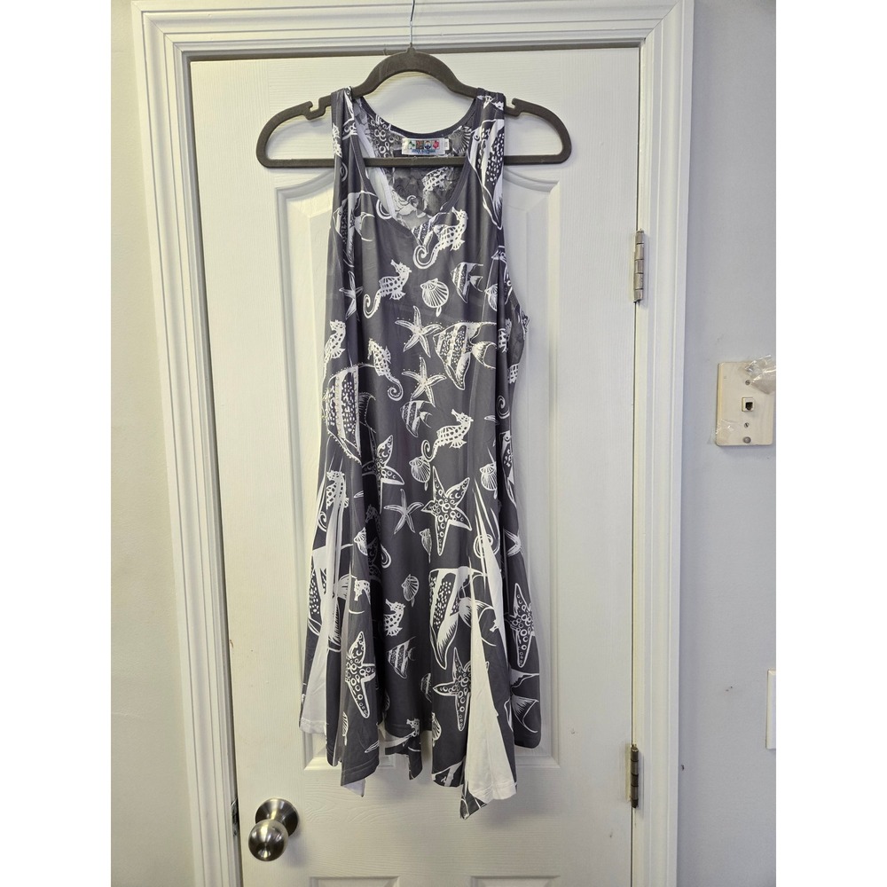 Nautical Seahorse Starfish Sharkbite Dress‎ Gray White One Size Resortwear